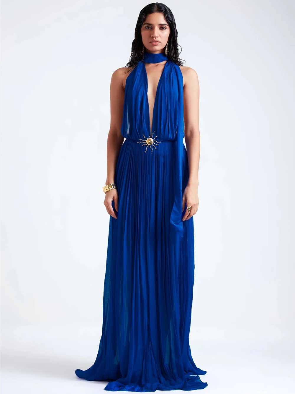 MELANIA - DEME BY GABRIELLA 
Royal Blue Halter Maxi Gown with Plunging Neckline